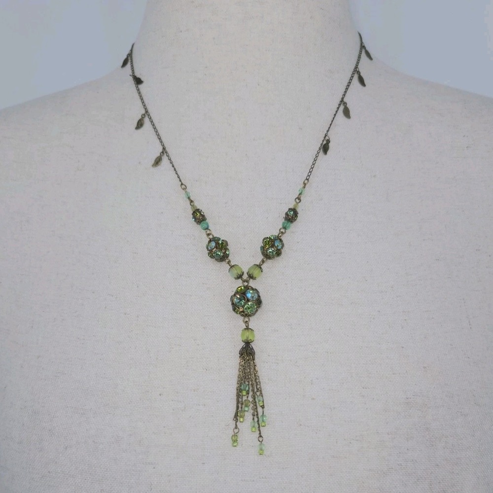 Michal Negrin Green Crystal Tassel Necklace Bronze Tone 25" Boho Romantic Leaf